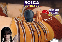 Panadería crea rosca de Reyes con temática de Merlina y dedos